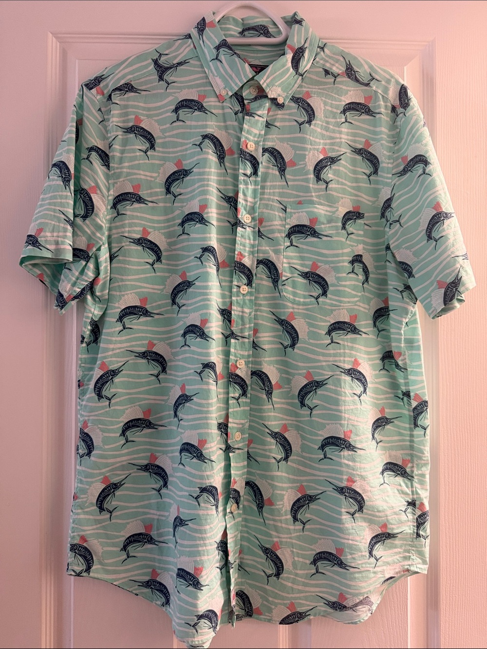 Vineyard Vines Mint Short-Sleeve Button-Down with Navy Marlin Print